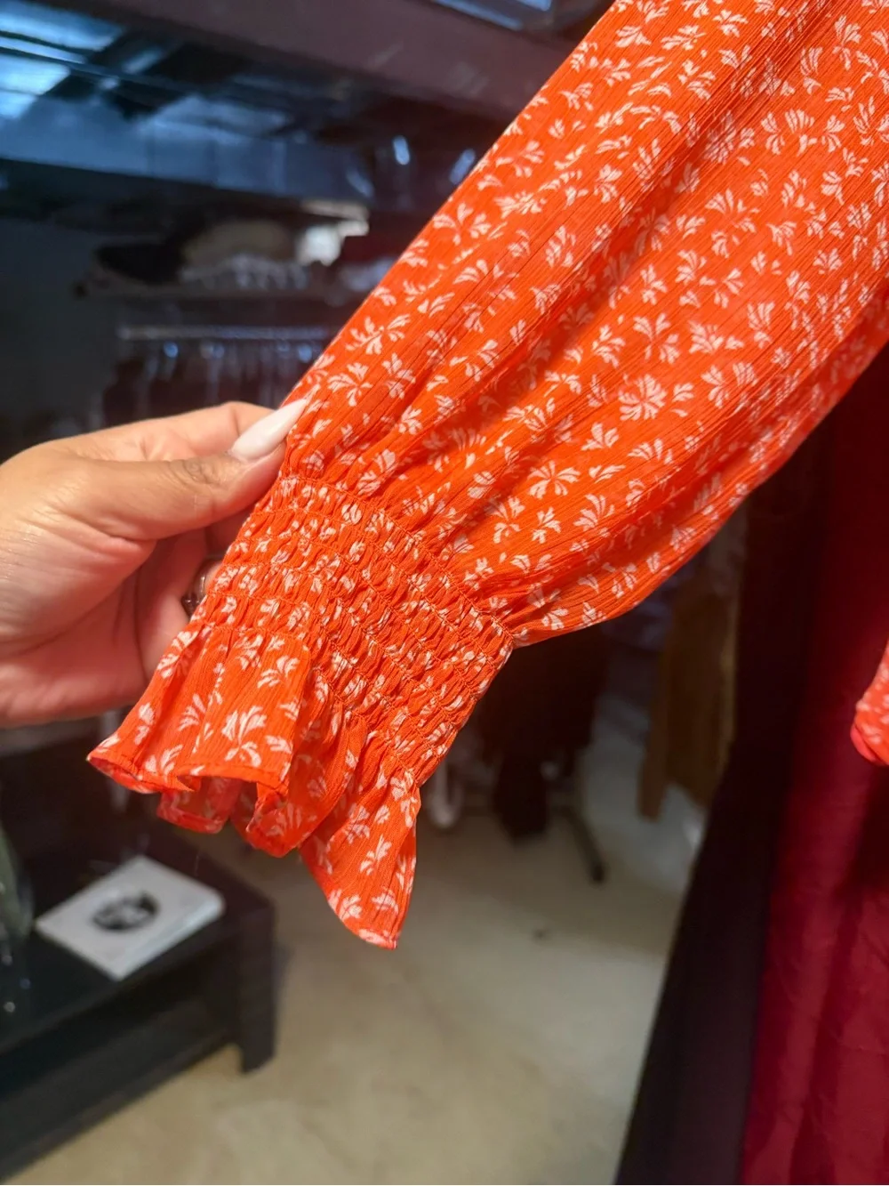 LOFT Bright Orange Floral Ruffle-Neck Blouse